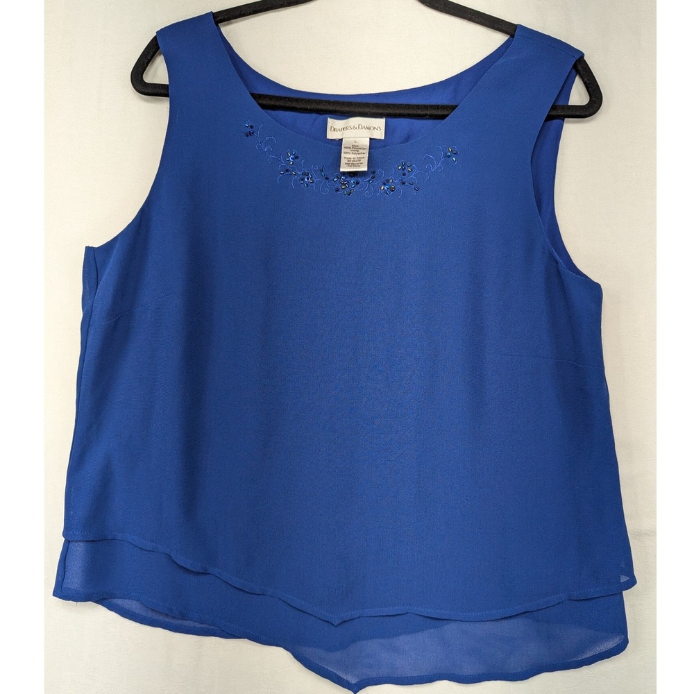 Draper's‎ & Damon's Blue Sleeveless Beaded Top Layered Party Tank Blouse L